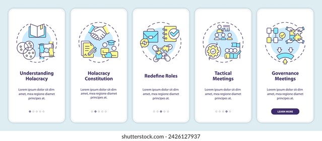 Strategy implementation steps onboarding mobile app screen. Holacracy walkthrough 5 steps editable graphic instructions with linear concepts. UI, UX, GUI template. Myriad Pro-Bold, Regular fonts used