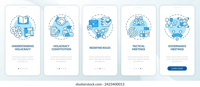 Strategy implementing blue onboarding mobile app screen. Holacracy walkthrough 5 steps editable graphic instructions with linear concepts. UI, UX, GUI template. Myriad Pro-Bold, Regular fonts used