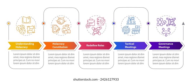 Strategy implementing rectangle infographic template. Holacracy. Data visualization with 5 steps. Editable timeline info chart. Workflow layout with line icons. Myriad Pro-Bold, Regular fonts used