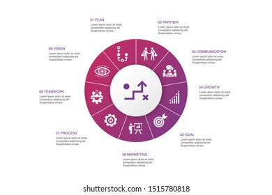 Strategy Infographic 10 steps circle design.goal, growth, process, teamwork icons