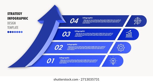 Estratégia infográfico 4 passo seta 3d para iniciar o projeto, negócio, apresentação, teoria de operação básica, análise lógica, estratégia de venda