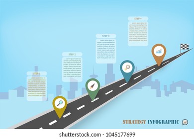 Strategy infographics with business icons on the road map and town background.