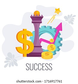Strategy infographics pictogram. Chess queen, gear, calendar planning. Flat vector illustration.