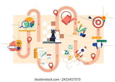 Strategy and Innovation Concepts, vector illustration. Chessboard, target, rocket, and other elements symbolizing different aspects of business or creativity.