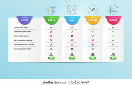 Strategy, Keywords and Idea icons simple set. Comparison table. Trade infochart sign. Business plan, Marketing strategy, Creative message. Business analysis. Education set. Pricing plan. Vector