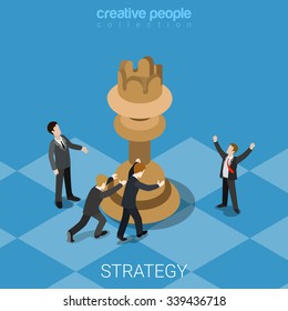 Strategy knight move business isometry concept flat 3d isometric web infographics vector illustration. Micro businessmen team on chessboard moving queen chess piece. Creative people collection.