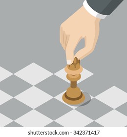 Strategy knight move business isometry concept flat 3d isometric web infographics vector illustration. Hand over chessboard moving queen chess piece. Creative people collection.