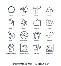 Strategy in a labyrinth, strategy Management, Sketch, thought, Strength, Wreath, Victory, Target, Thumb up outline vector icons from 16 set