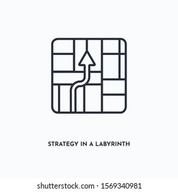 Strategy in a labyrinth outline icon. Simple linear element illustration. Isolated line Strategy in a labyrinth icon on white background. Thin stroke sign can be used for web, mobile and UI.