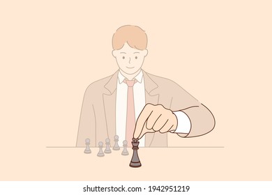 Strategy, leadership and management concept. Young smiling businessman cartoon character sitting and moving chess figure alone feeling confident vector illustration 