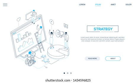 Strategy - Line Design Style Isometric Web Banner On White Background With Copy Space For Text. Website Header With Male, Female SMM Specialists Analyzing The Results, Computer Monitor With Diagrams