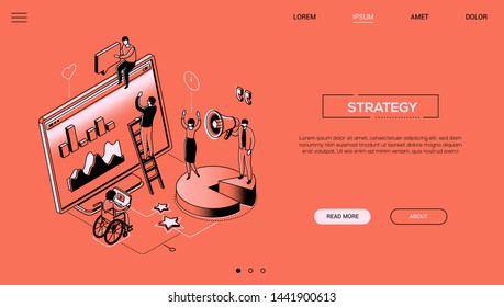 Strategy - line design style isometric web banner on orange background with copy space for text. Website header with male, female SMM specialists analyzing the results, computer monitor with diagrams