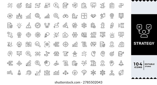 Strategy line editable icon set. Strategy icon set. Business related line icons: goal, vision, plan, roadmap, teamwork, organization, finance,