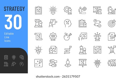 Strategy Line Editable Icons set. Vector illustration in modern thin line style of business related icons: tactic, planning, goal, and more. Isolated on transparent background.