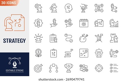 Conjunto de iconos editables de la línea de estrategia. Contiene iconos: tácticas, visión, objetivo y más. Ilustración vectorial