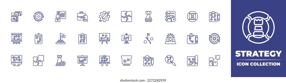 Strategy line icon collection. Editable stroke. Vector illustration. Containing business report, arrows, graph, briefcase, creative process, puzzle, chess, planning, strategy, achievement, creative.