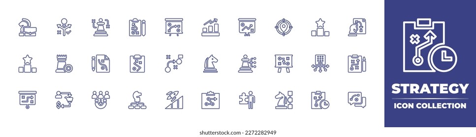Strategy line icon collection. Editable stroke. Vector illustration. Containing business strategy, planning strategy, strategy, presentation, money growth, planning, location, ranking, chess, selling.
