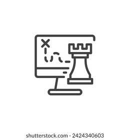Icono de línea de estrategia de TI. signo de estilo lineal para concepto móvil y diseño web. Pantalla con mapa de ruta y icono vectorial de contorno de ajedrez. Símbolo, ilustración del logotipo. Gráficos vectoriales