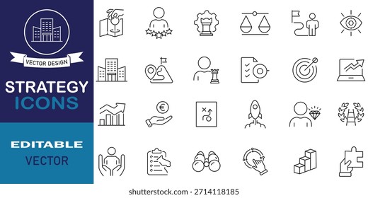 Paquete de iconos de línea de estrategia que expresa liderazgo, marco, toma de decisiones, solución, tácticas, visión, objetivo, enfoque, objetivo, misión, ejecución, enfoque, resolución de problemas y más. Ilustración vectorial.
