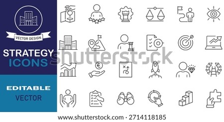 Strategy line icon pack expressing, leadership, framework, decision making, solution, tactics, vision, target, focus, goal, mission, execution, approach, problem solving and more. Vector illustration.