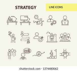 Strategy line icon set. Businessman, late for work, leader, goal. Business concept. Can be used for topics like success, achievement, career promotion, growth