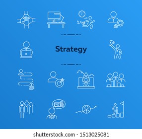 Strategy line icon set. Businessman, late for work, leader, goal. Business concept. Can be used for topics like success, achievement, career promotion, growth
