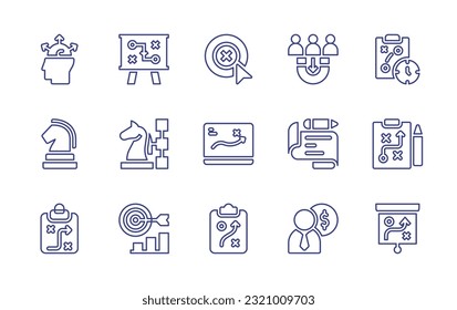 Conjunto de iconos de la línea de estrategia. Trazo editable. Ilustración vectorial. Conteniendo mente abierta, estrategia, plan estratégico, adquisición, desarrollo de estrategias, planificación, empresario.