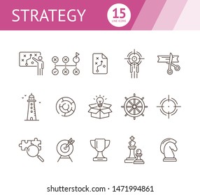 Strategy line icon set. Line icons collection on white background. Trophy, aim, goal. Start-up concept. Can be used for topics like achievement, logic, development