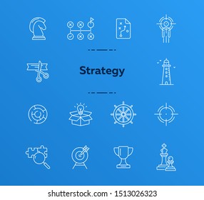 Strategy line icon set. Line icons collection on white background. Trophy, aim, goal. Start-up concept. Can be used for topics like achievement, logic, development