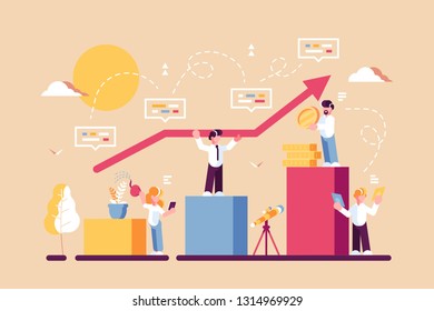 Strategy of long term planning vector illustration. Businessman building up analyzing project financial report and successful business development. Team working with graph chart and growth arrow