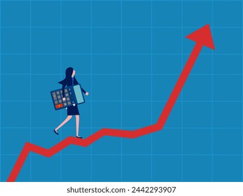 Strategy for making profits. Businesswoman holding a calculator walks up on a growing graph