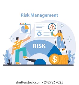 Estrategia y concepto de gestión. Evaluación y gestión detallada de riesgos en las empresas. Identificación de peligros, salvaguarda financiera, planificación estratégica. Ilustración vectorial plana.