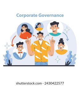 Strategy and management concept. Diverse team upholding corporate governance standards. Promoting transparency, accountability, and stakeholder interests. Flat vector illustration.