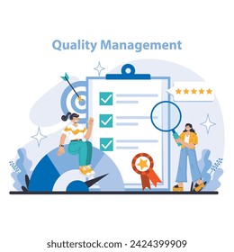 Strategy and management concept. Professionals ensuring top quality management with evaluation and review. Achieving high standards, continuous improvement, customer satisfaction.