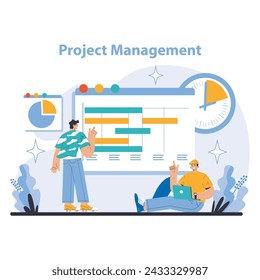 Strategie- und Managementkonzept. Team verwaltet Zeitpläne, Ressourcen und Leistungen. Visualisierung von Projektplänen, Einhaltung von Terminen, Optimierung der Aufgabenzuordnung. Flache Vektordarstellung.