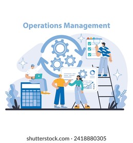 Strategy and management concept. Teams enhancing workflow, optimizing processes, and productivity. Streamlining tasks, increasing output, integrating technology. Flat vector illustration.