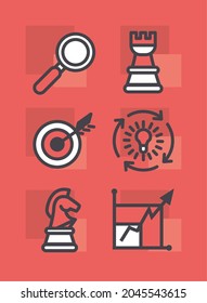 Strategy and management icon collection on red background