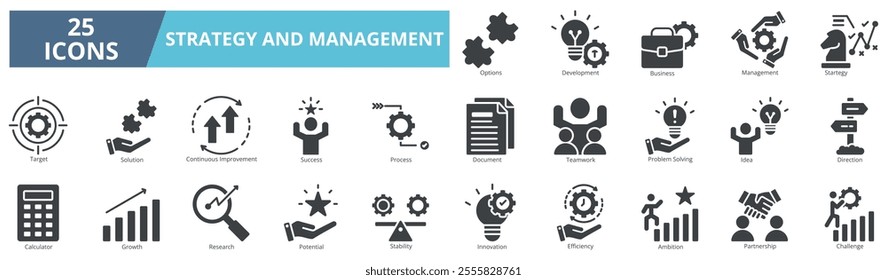 Strategy and management icon collection set. Containing options, development, business, management, strategy, target, solution, continuous improvement icon. Simple glyph vector