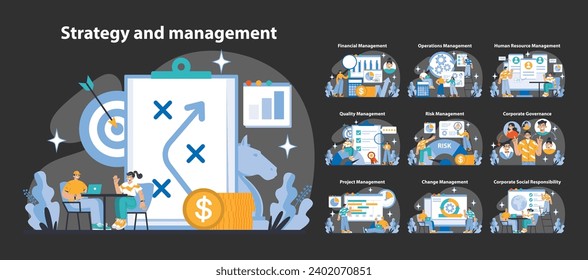 Strategy and management night or dark mode set. Comprehensive business strategy and management functions. Streamlining operations, enhancing human resources, managing risk. Flat vector illustration.