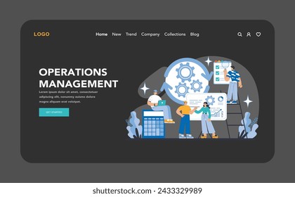 Strategy and management night or dark mode web or landing page. Teams enhancing workflow, optimizing processes, and productivity. Streamlining tasks, increasing output, integrating technology.