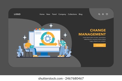 Strategy and management night or dark mode web or landing page. Professionals guiding organizational change management. Implementing transformation, fostering adaptability, ensuring continuity.