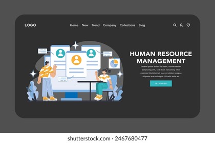 Strategy and management night or dark mode web or landing page. Dynamic human resource management with employee profiling and engagement strategies. Talent acquisition and optimization.