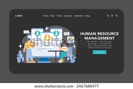 Strategy and management night or dark mode web or landing page. Dynamic human resource management with employee profiling and engagement strategies. Talent acquisition and optimization.