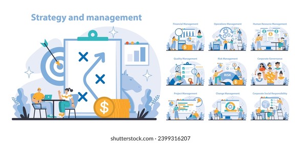 Estrategia y conjunto de gestión. Funciones amplias de gestión y estrategia empresarial. Racionalización de las operaciones, mejora de los recursos humanos, gestión del riesgo. Ilustración vectorial plana.