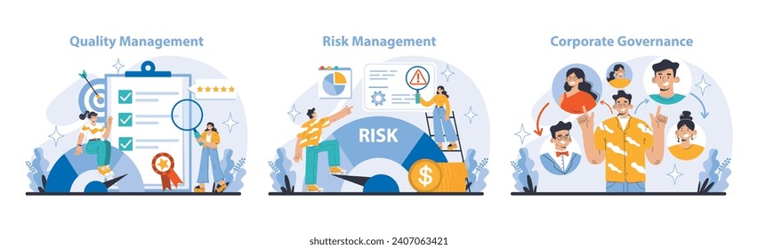 Strategy and management set. Exploring quality, risk management, and corporate governance. Prioritizing high standards, minimizing threats, ensuring ethical practices. Flat vector illustration.