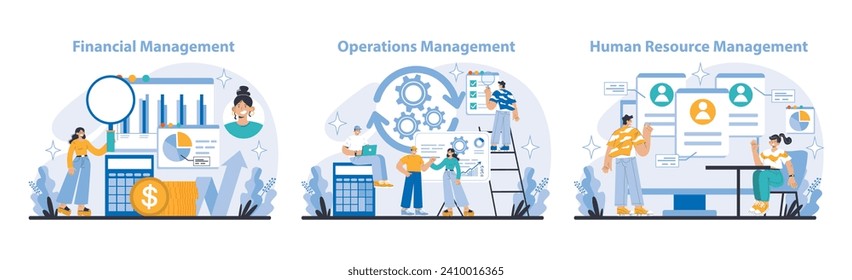 Estrategia y conjunto de gestión. Elementos clave de la gestión financiera, de las operaciones y de los recursos humanos. Fomentar la salud fiscal, la eficiencia de los procesos y el desarrollo de la fuerza laboral. Ilustración vectorial plana.