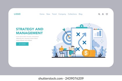 Strategy and management web or landing page. Executives collaborate on goals, analyze financial growth. Targeting success, optimizing resources, charting progress. Flat vector illustration.