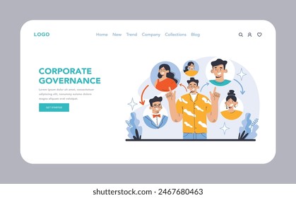 Strategy and management web or landing page. Diverse team upholding corporate governance standards. Promoting transparency, accountability, and stakeholder interests. Flat vector illustration.