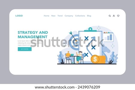 Strategy and management web or landing page. Executives collaborate on goals, analyze financial growth. Targeting success, optimizing resources, charting progress. Flat vector illustration.