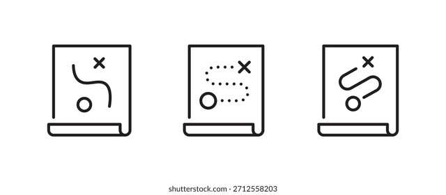 Conjunto de iconos de línea negra de mapa de estrategia. Signo de Plan estratégico. Carretera, mapa de ubicación colección. Símbolo de planificación. Negocio, marketing, concepto de trabajo en equipo. Trazo editable. Ilustración vectorial. Diseño plano.